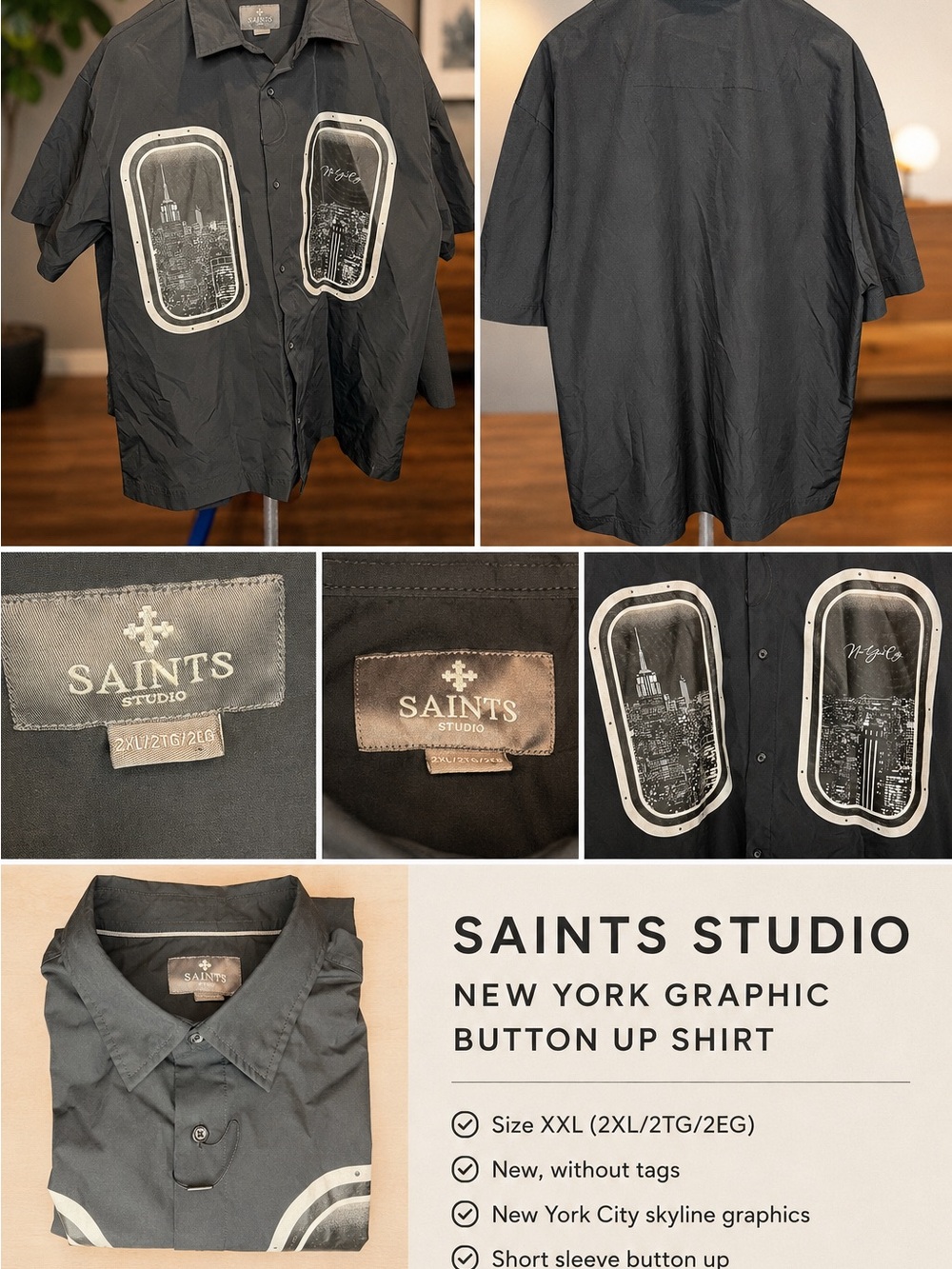 Saints Studio Men's Black New York Graphic Button-Up Shirt - XXL